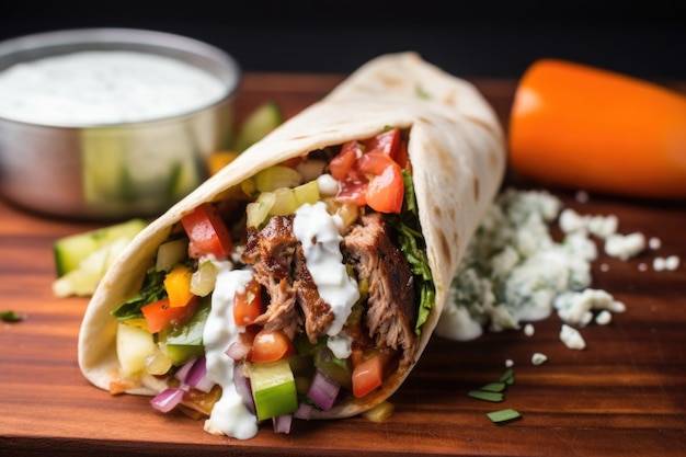 Foto un gyro griego relleno de carne, verduras y tzatziki.