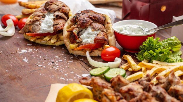 Gyro pita shawarma souvlaki dois envoltórios de pão pita e espetos de carne na mesa de madeira