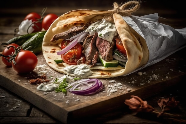 Gyros griegos de carne de cordero con salsa tzatziki queso feta envuelto en pan de pita