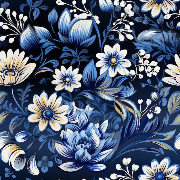 Gzhel Keramik russische Muster auf marineblauem Hintergrund Generative KI