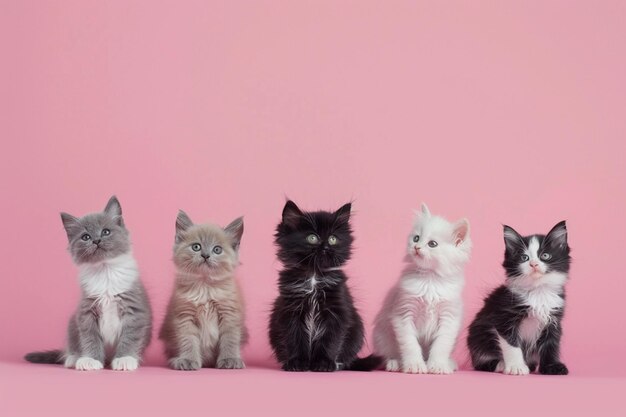 há cinco gatinhos sentados em uma fila em um fundo rosa generativo ai