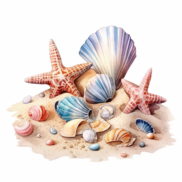 Há conchas e estrelas do mar na areia da praia generativa ai