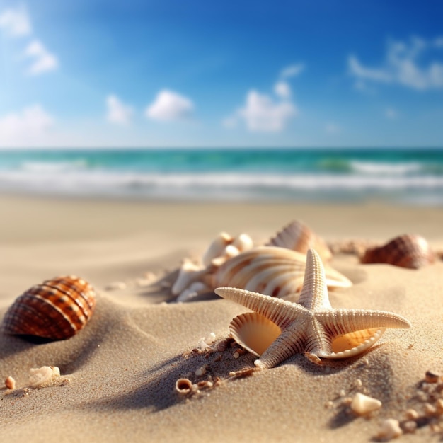 há conchas e estrelas do mar na praia perto do oceano gerador de IA