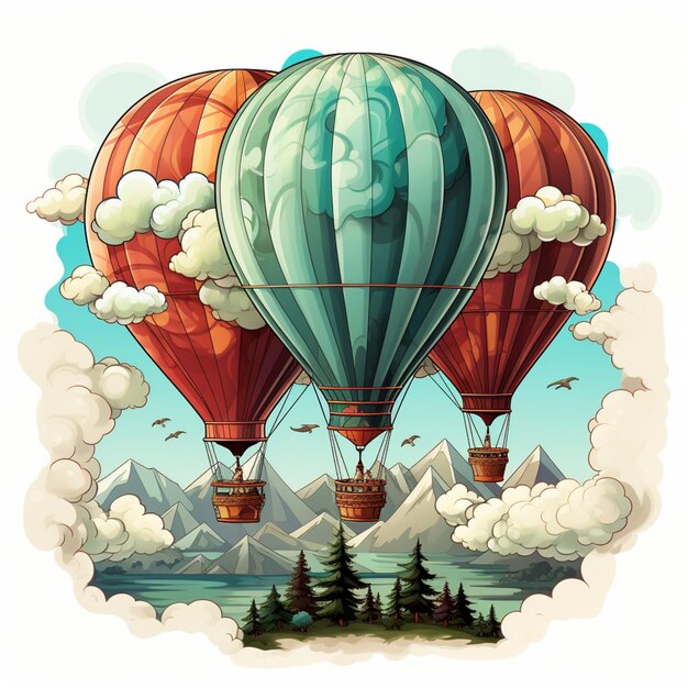 Há dois balões de ar quente a voar no céu acima das montanhas.