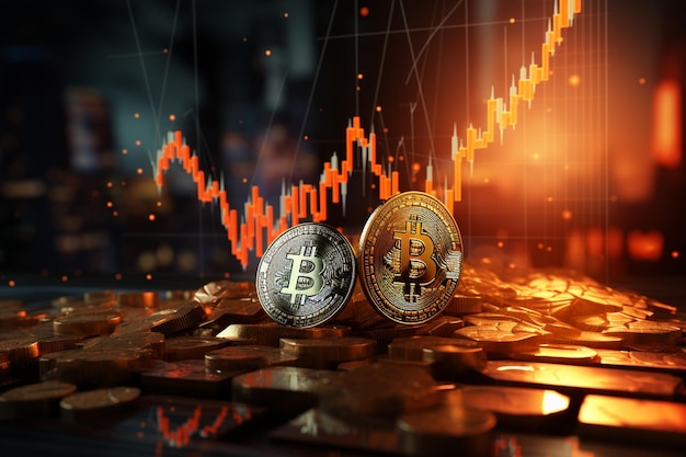 Há dois bitcoins em uma pilha de moedas em uma mesa generativa ai