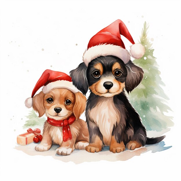 Há dois cães sentados um ao lado do outro usando chapéus de Papai Noel.