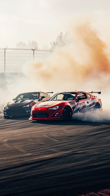 Foto há dois carros que estão correndo em uma pista com fumaça saindo deles.