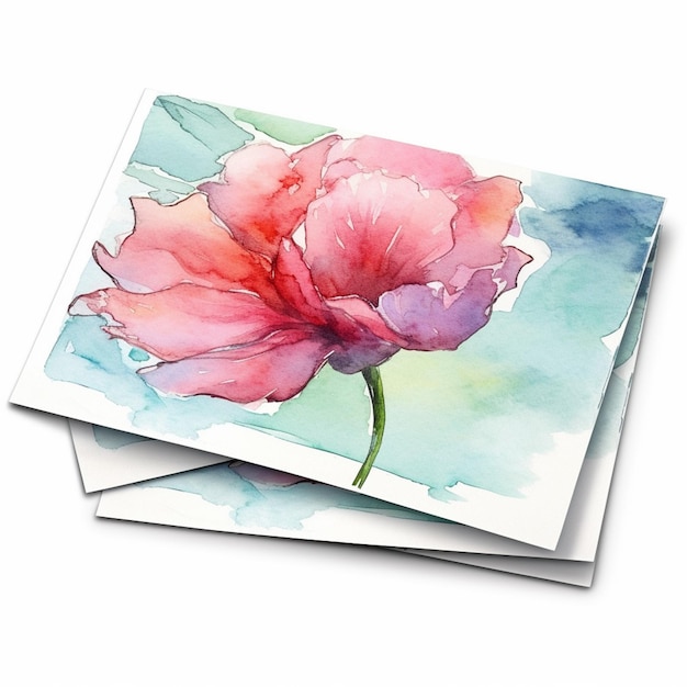 Foto há dois cartões com uma pintura de aquarela de uma flor generativa ai