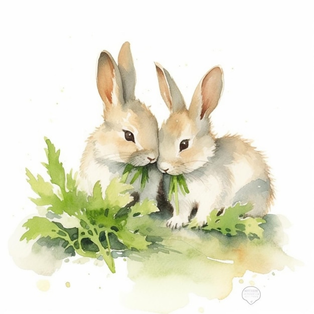 Há dois coelhos que estão sentados juntos comendo algumas folhas generativo ai