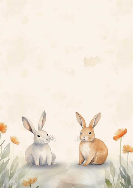 Há dois coelhos sentados na grama com flores generativas ai