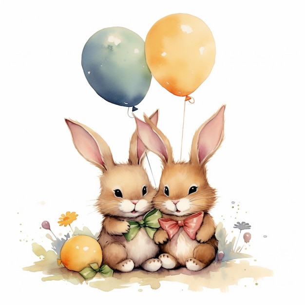 Há dois coelhos sentados um ao lado do outro com balões generativos ai