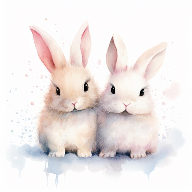 há dois coelhos sentados um ao lado do outro em uma superfície branca generativa ai