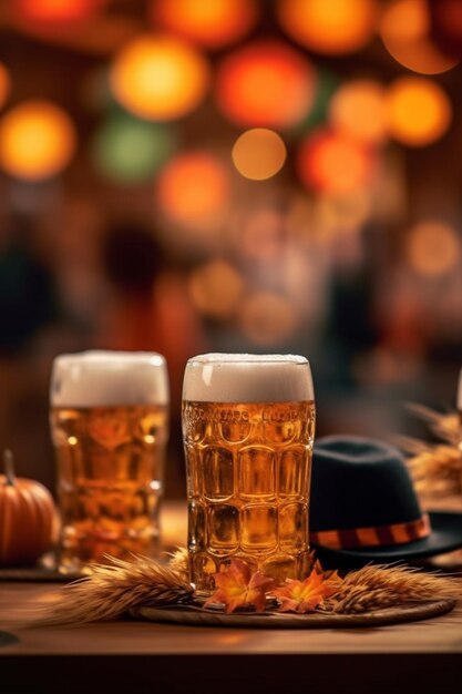 Foto há dois copos de cerveja sentados em uma mesa com um chapéu generativo ai