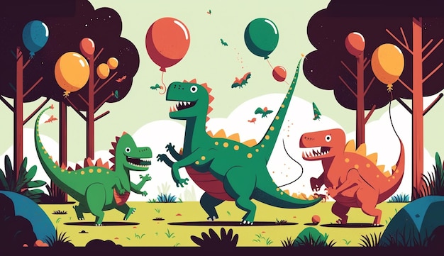 Há dois dinossauros que estão brincando com balões no parque generativo ai
