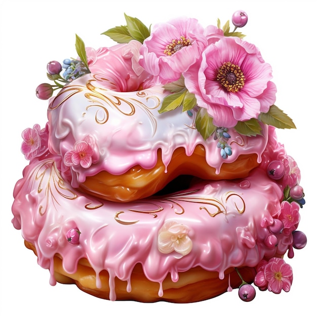 há dois donuts com glacê rosa e flores no topo ai generativo