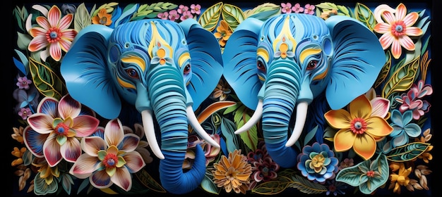 há dois elefantes azuis com presas em frente a um arranjo de flores generativo ai