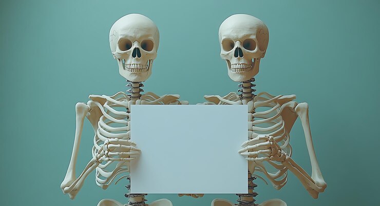 Foto há dois esqueletos a segurar um sinal nas mãos.