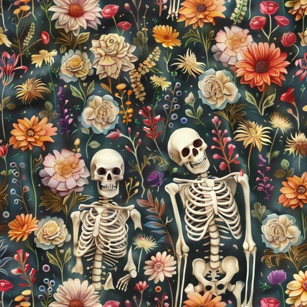 Há dois esqueletos de pé em um campo de flores generativo ai