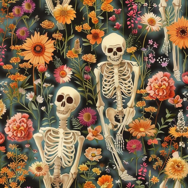 há dois esqueletos sentados em um campo de flores generativo ai