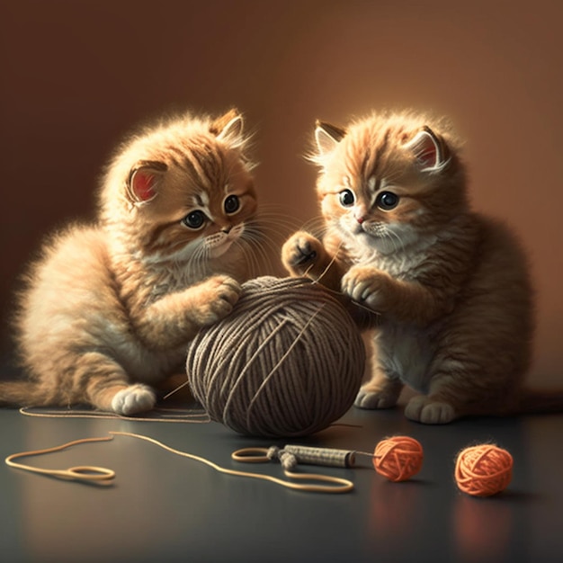 há dois gatinhos brincando com um novelo de lã generativo ai