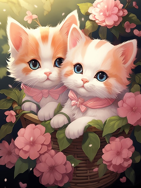 Foto há dois gatinhos sentados em uma cesta com flores generativas ai