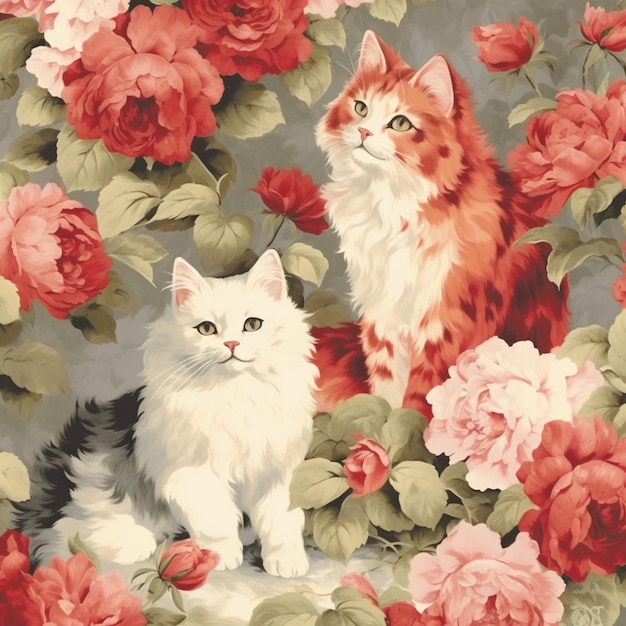 Há dois gatos sentados em um papel de parede floral com rosas generativas ai