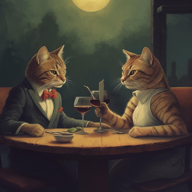 Há dois gatos sentados em uma mesa com copos de vinho generativos ai