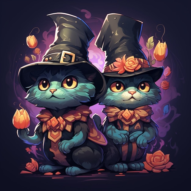 Há dois gatos vestidos de bruxas sentados um ao lado do outro.