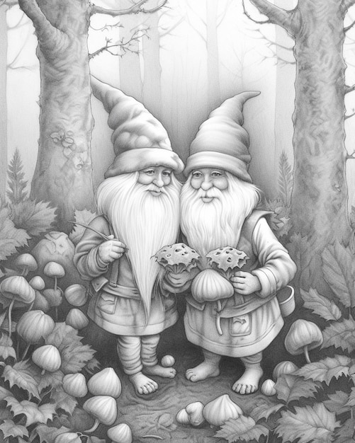 Foto há dois gnomos que estão de pé na floresta generativo ai