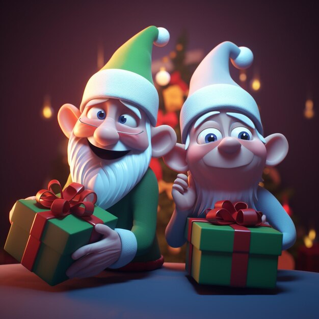 Há dois gnomos que estão segurando um presente na frente de uma árvore de Natal generativa ai