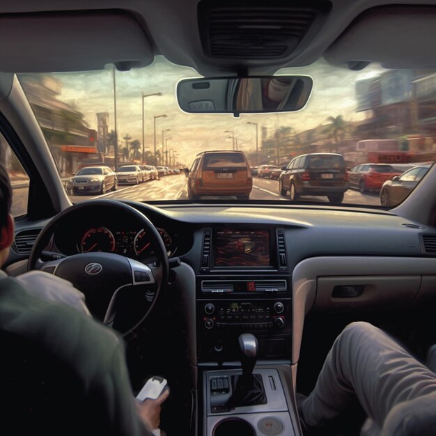 Foto há dois homens sentados num carro com vista para uma rua movimentada.