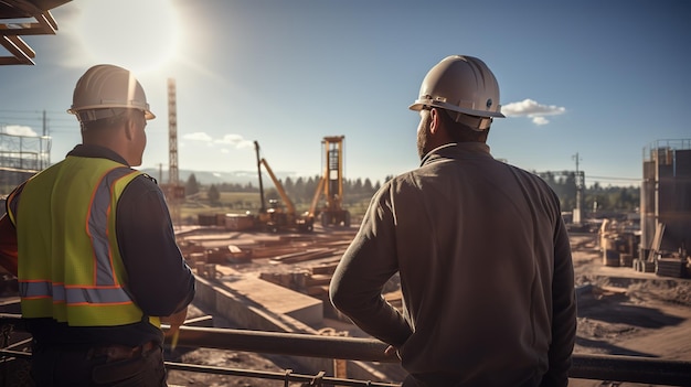 Há dois homens usando capacetes juntos no canteiro de obras