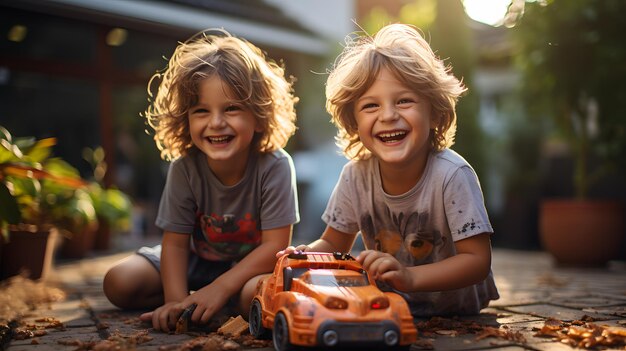 Foto há dois meninos brincando com um caminhão de brinquedo no chão ia generativa