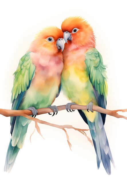 há dois pássaros coloridos sentados em um galho juntos ai generativa