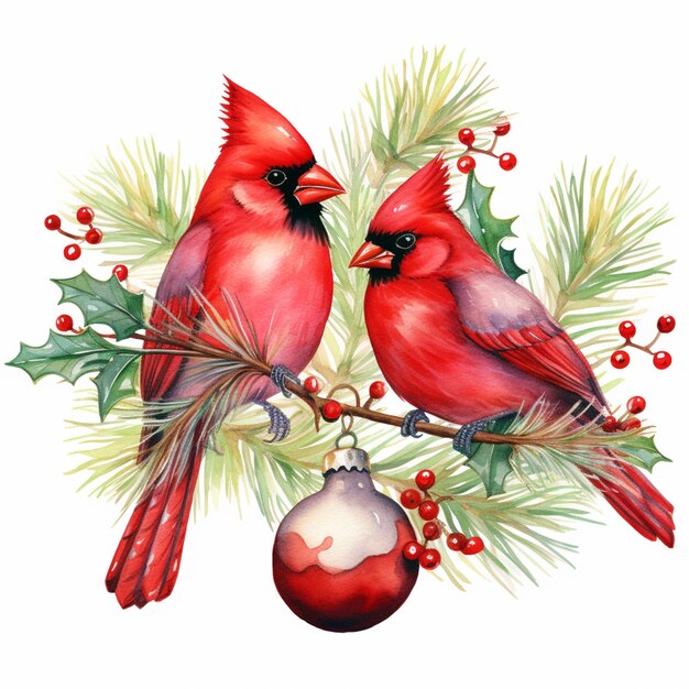 há dois pássaros sentados em um galho com um ornamento de Natal generativo ai