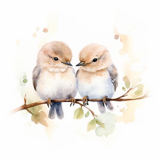 Há dois pássaros sentados em um galho juntos em um fundo branco generativo ai