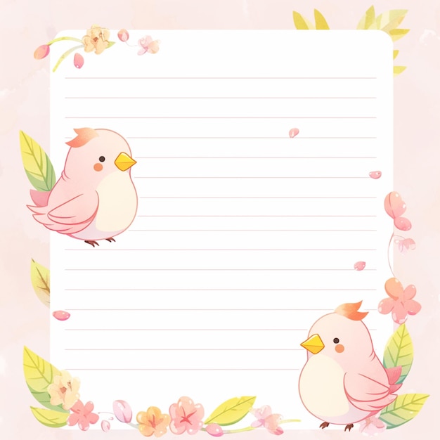 Foto há dois pássaros sentados em um papel de nota com flores generativo ai