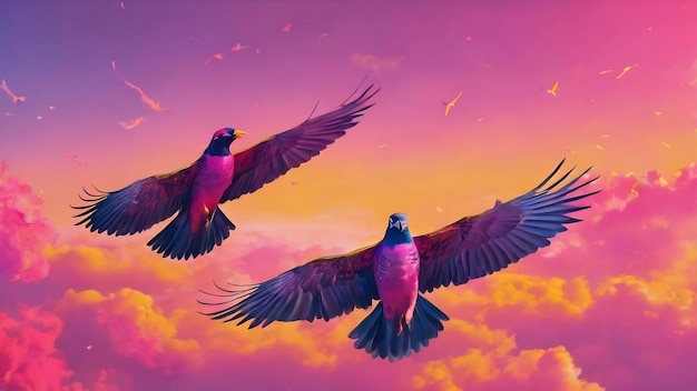 Há dois pássaros voando no céu com um fundo rosa e amarelo generativo ai