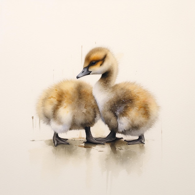 Há dois patos pequenos de pé em uma poça de água geradora ai