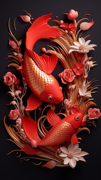 Há dois peixes vermelhos no meio de um arranjo floral generativo ai