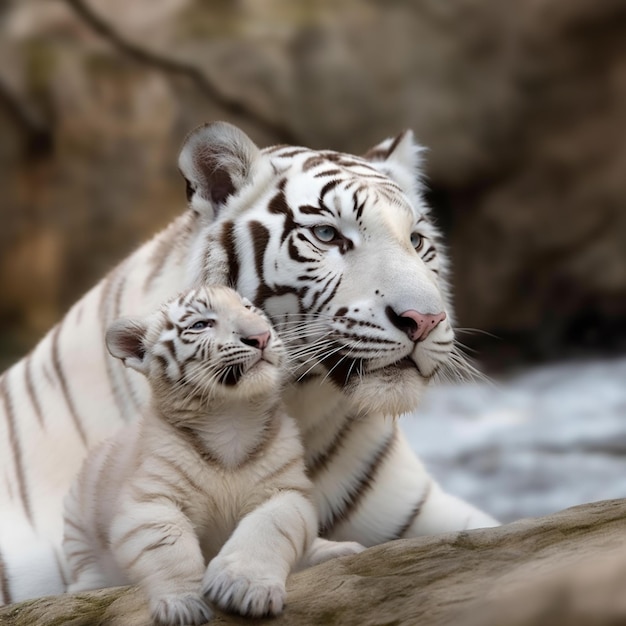 Foto há dois tigres brancos que estão deitados juntos.