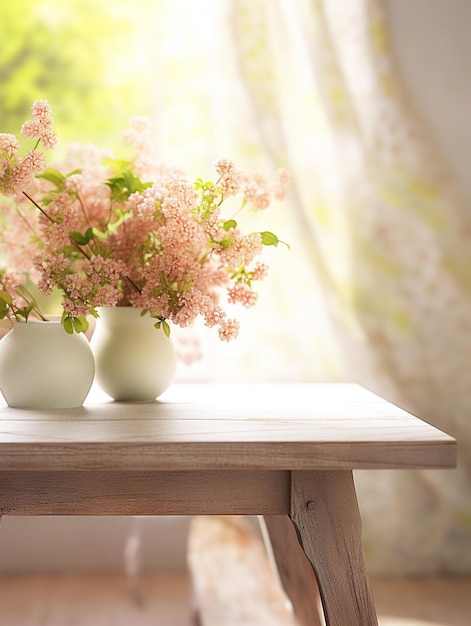 Foto há dois vasos com flores numa mesa em frente a uma janela.