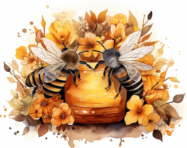 Há duas abelhas que estão de pé ao lado de um pote de mel generativo ai