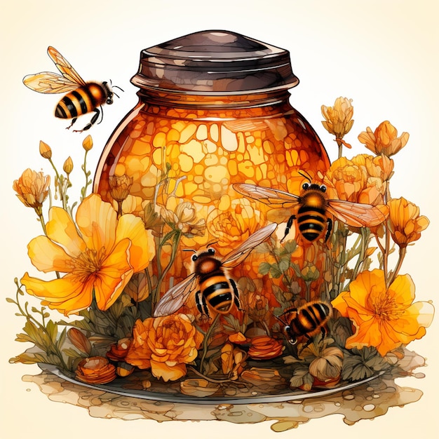 Há duas abelhas voando ao redor de um pote de mel com flores generativas ai