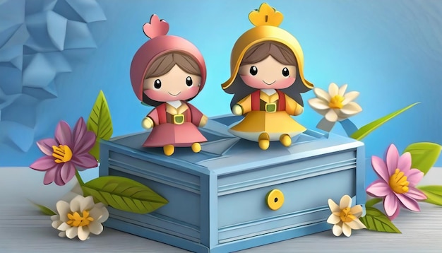 Foto há duas bonecas sentadas em cima de uma caixa de madeira.