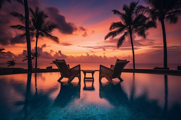 Foto há duas cadeiras sentadas ao lado de uma piscina com um pôr-do-sol no fundo