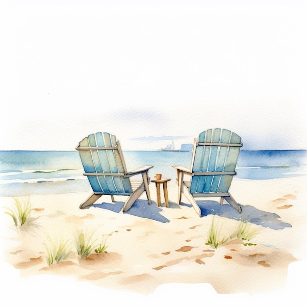 Foto há duas cadeiras sentadas na praia perto do gerador de água.