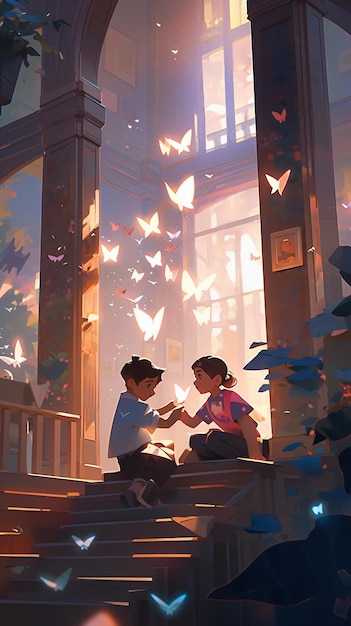 Há duas crianças sentadas numa varanda com borboletas a voar por aí.
