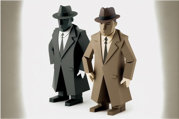 Foto há duas figuras de papel de homens com chapéus e casacos ai generativos