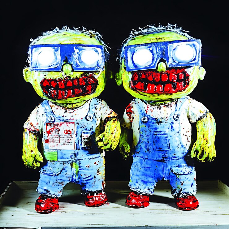 Foto há duas figuras de zumbis pintadas de pé uma ao lado da outra.